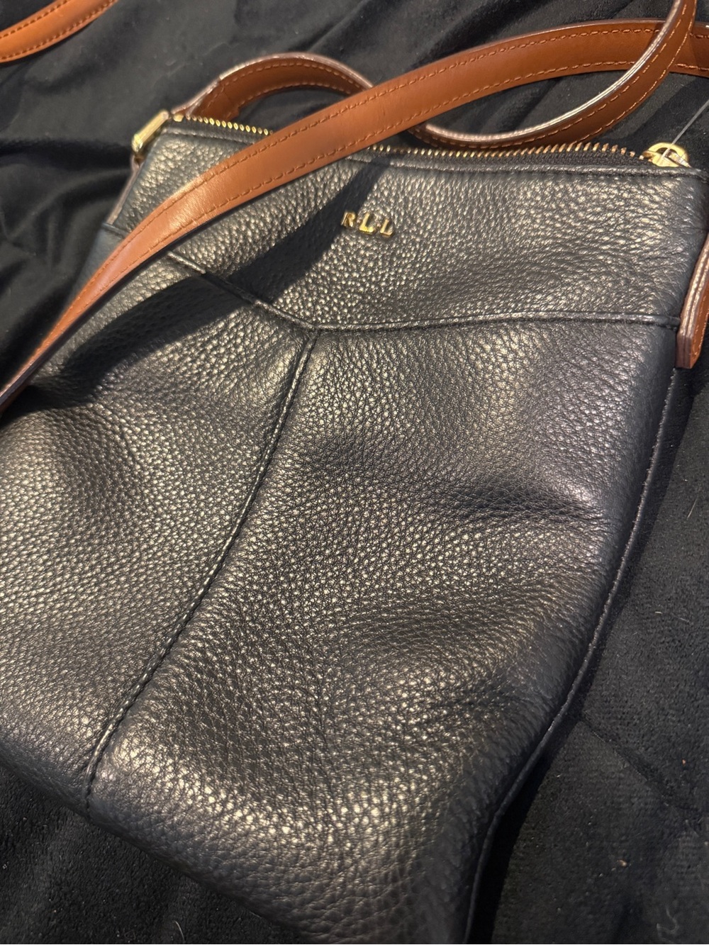Dark Navy Ralph Lauren Pebbled Leather Crossbody with Brown Strap